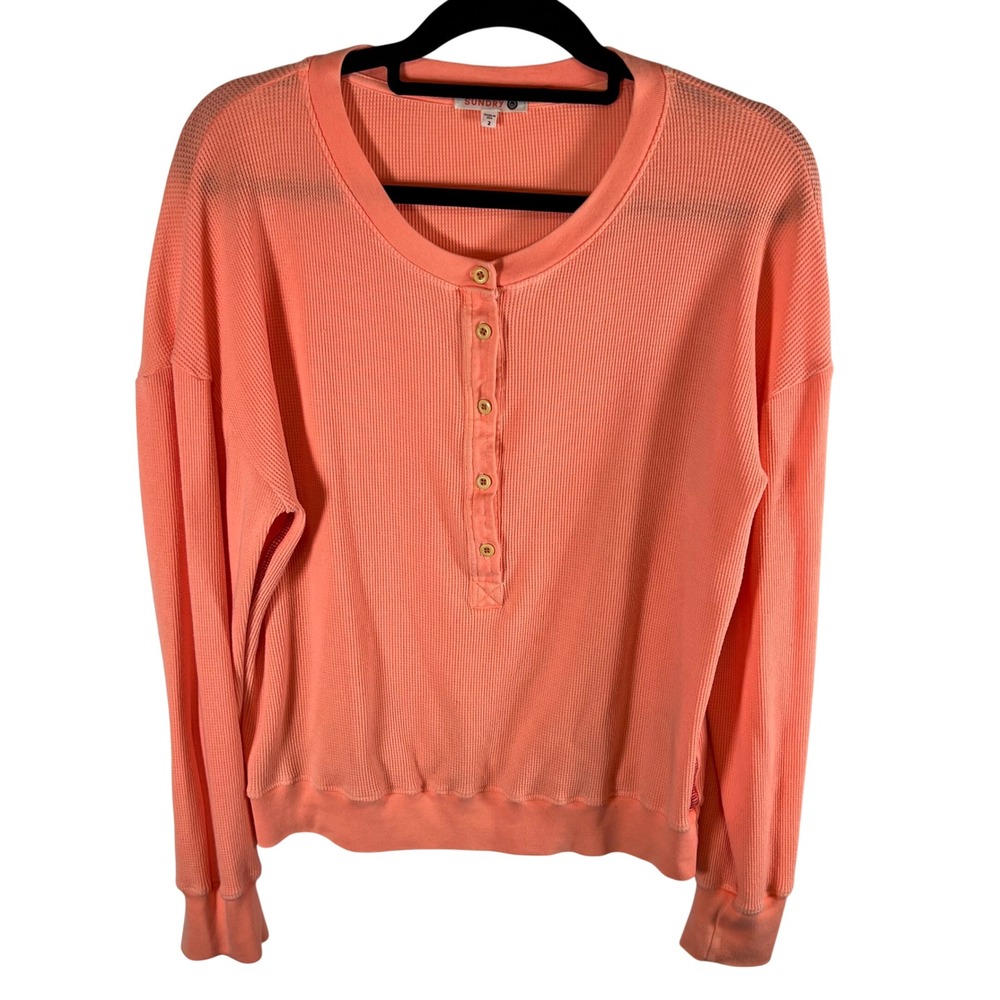 Sundry Women Coral Orange Waffle Knit Henley Long Sleeve Thermal Top Size 2/M